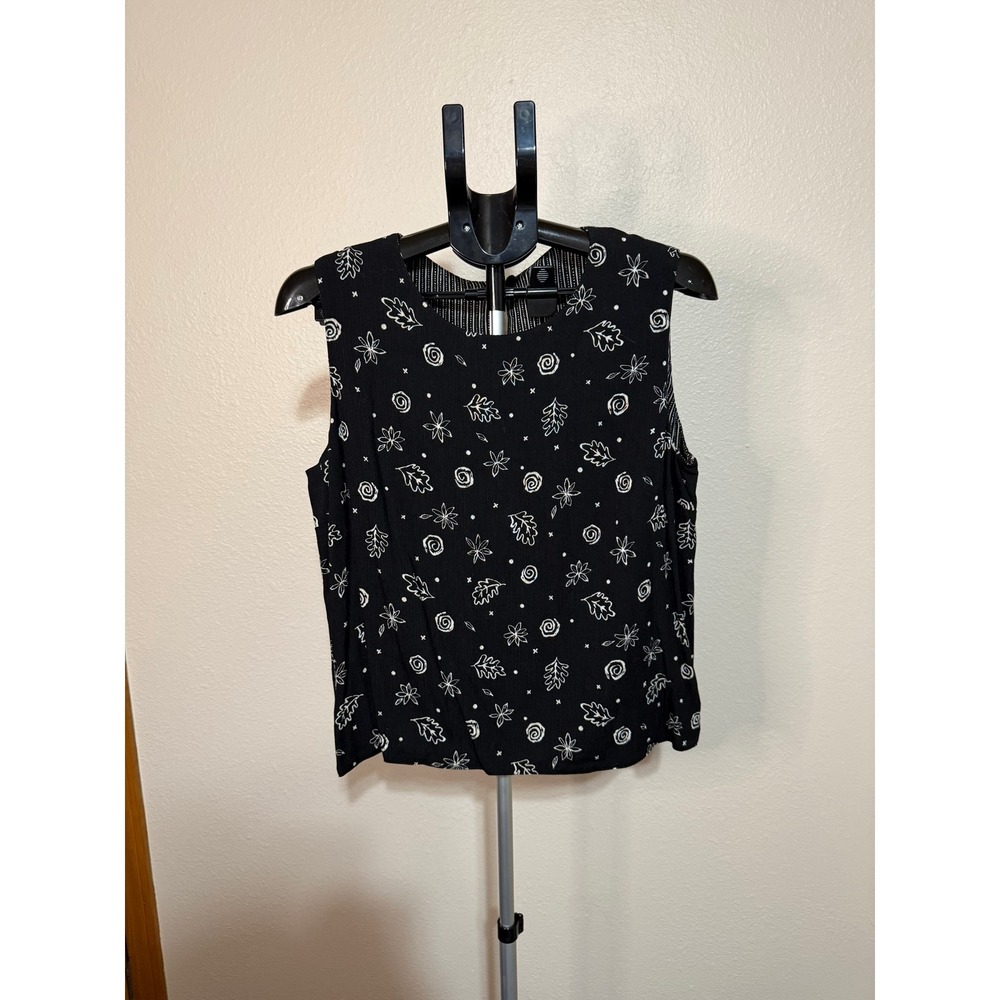 Pendleton Womens Large‎ Black Rayon Sleeveless Shell Blouse Botanical Print Top